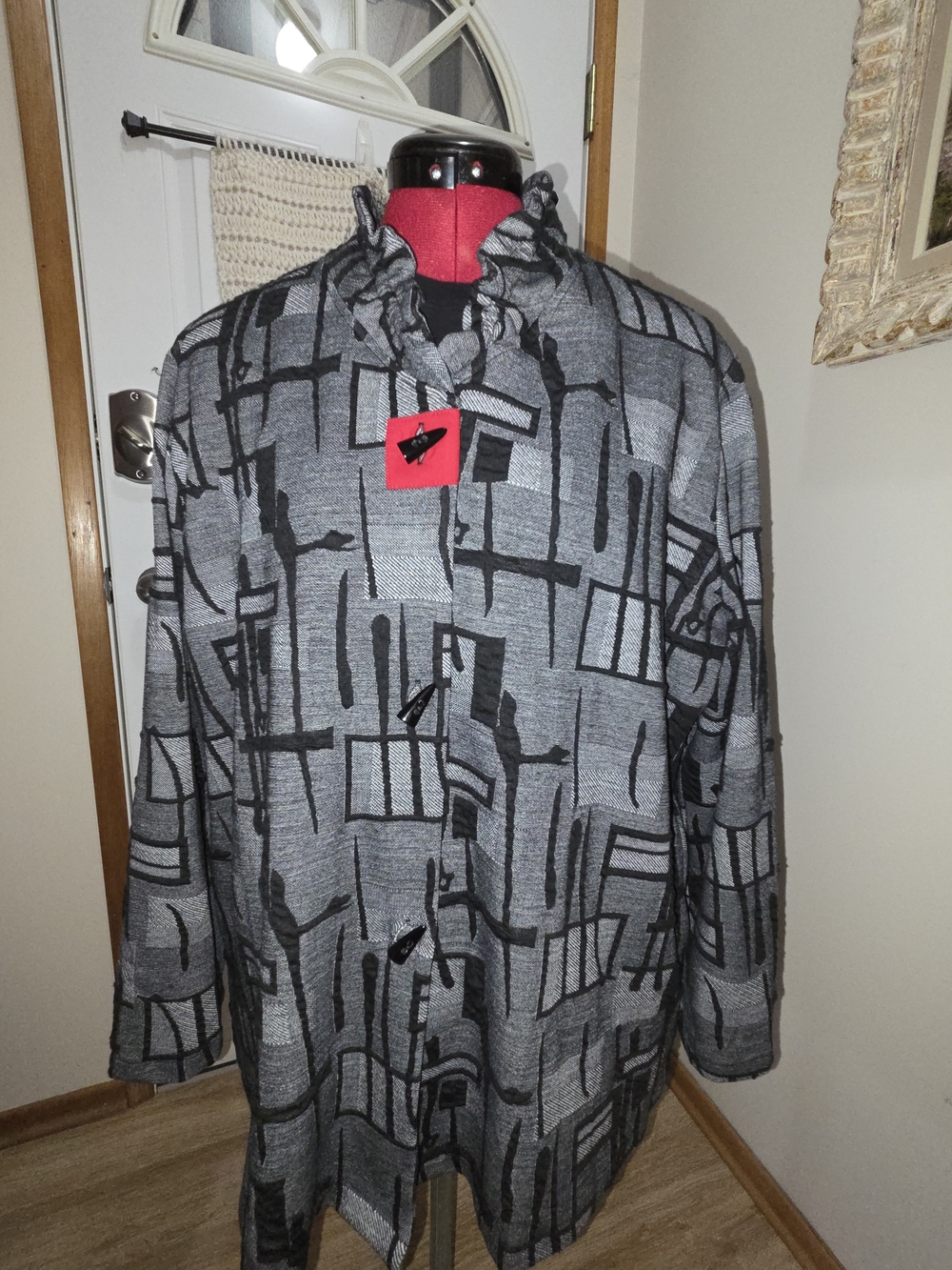 Gray & Black Patterned Women's Jacket with Ruffle Collar